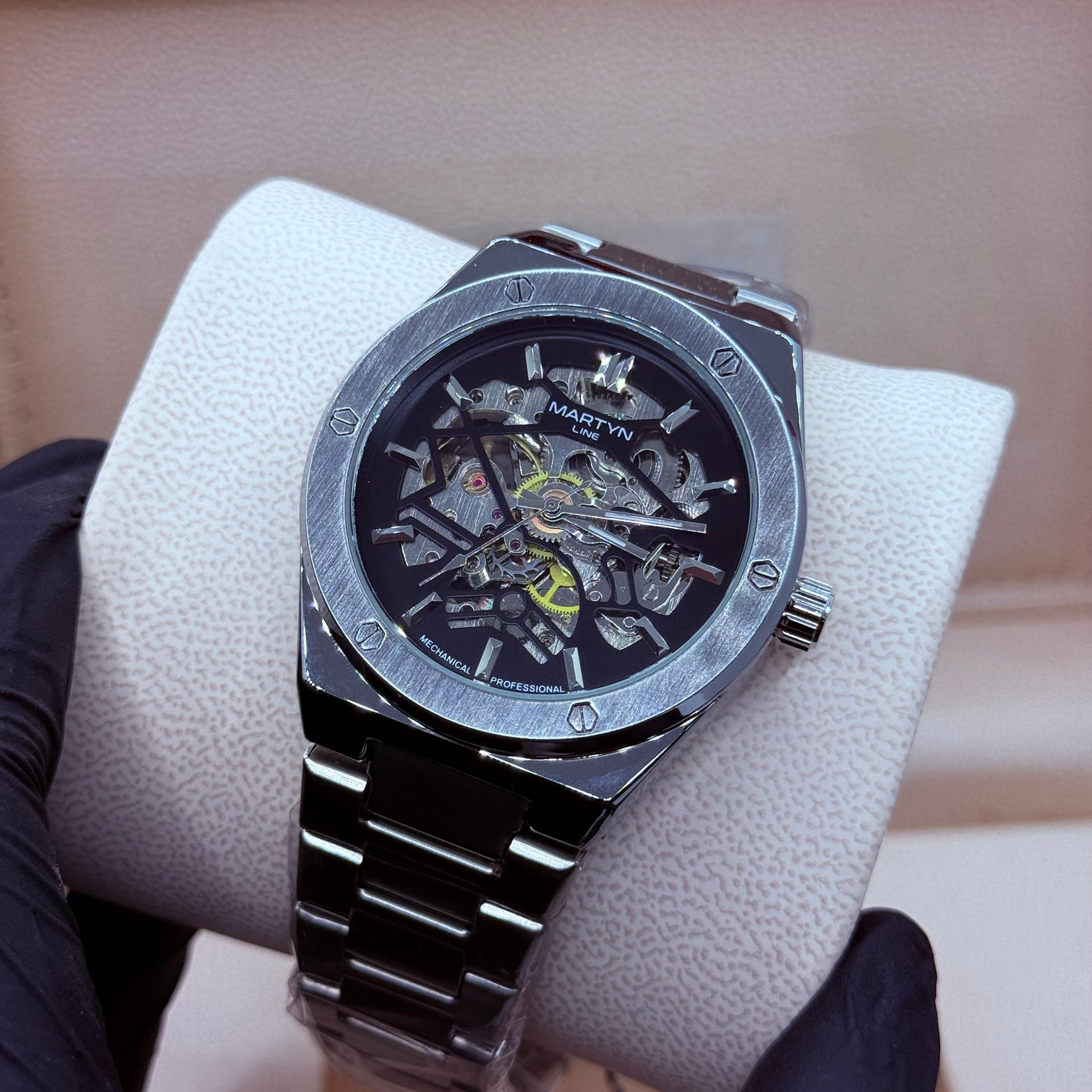 Automatic skeleton black dial with silver chain