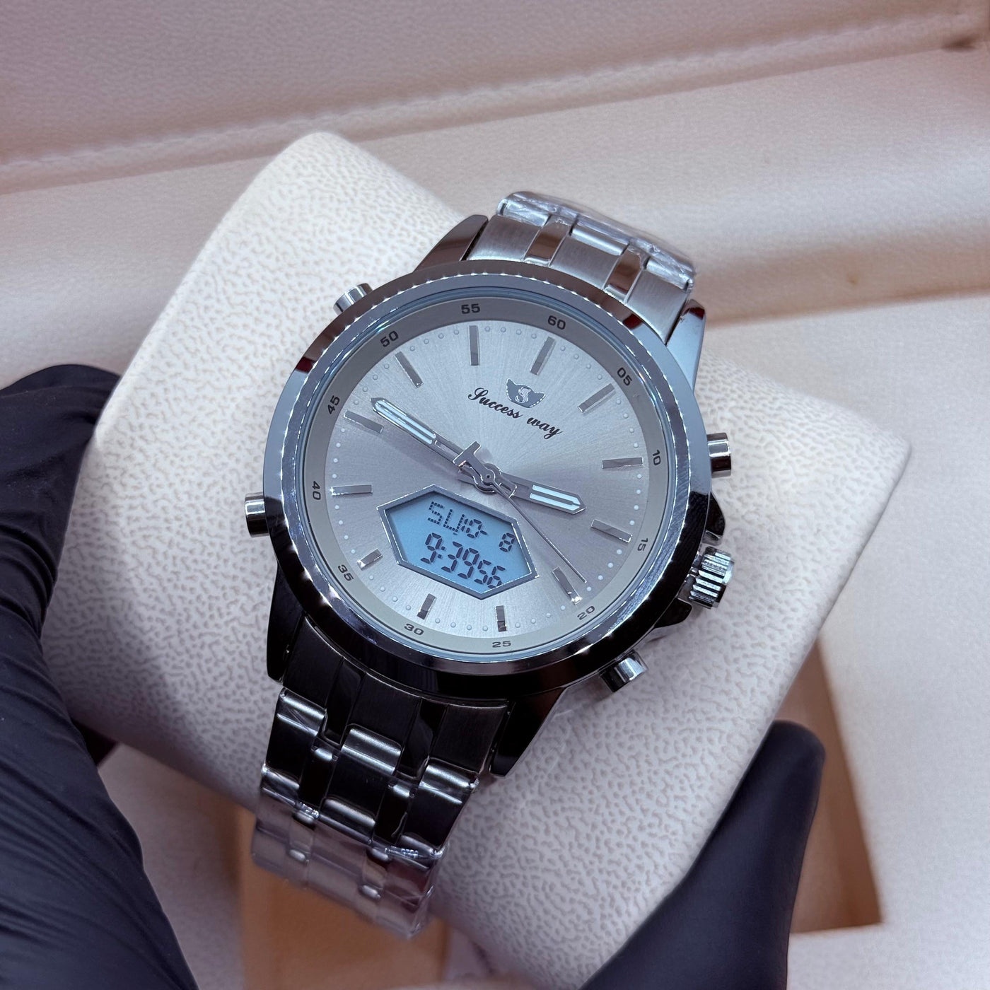 Dual time watch silver with silver dial