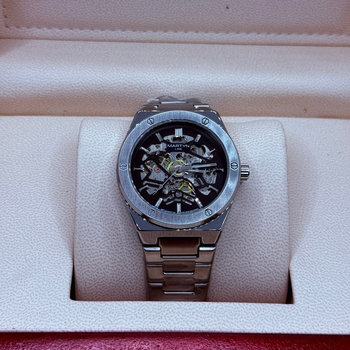 Automatic skeleton black dial with silver chain