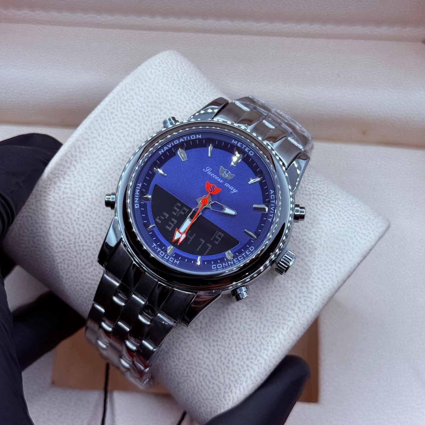 Dual time watch silver with blue dial