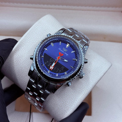 Dual time watch silver with blue dial